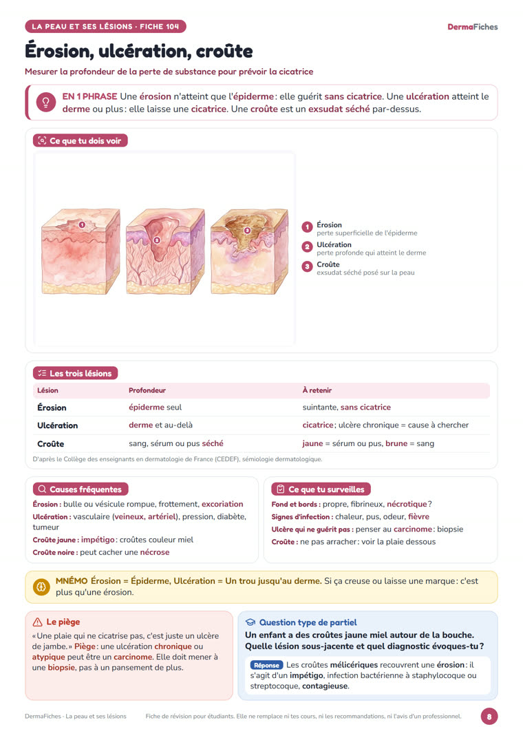 Fiche « Érosion, ulcération, croûte » de DermaFiches